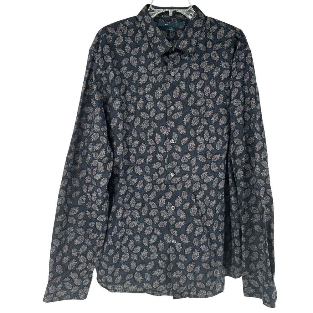 Perry Ellis Slim Fit Long Sleeve Button Up Shirt XXL Blue Abstract Pineapple Top